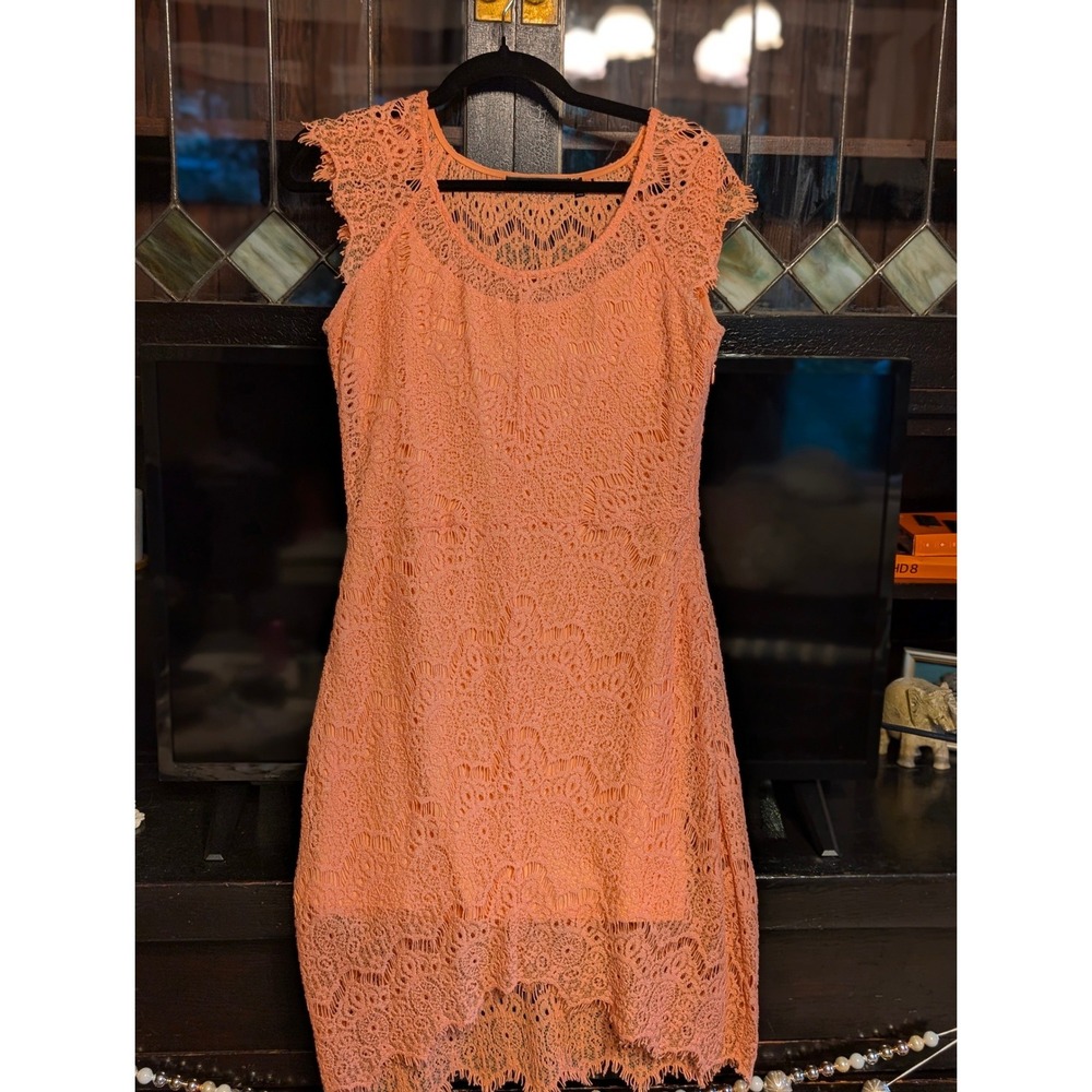 Dulcie Peach Lace Sheath Dress Cap Sleeve High Low Hem Coral Medium